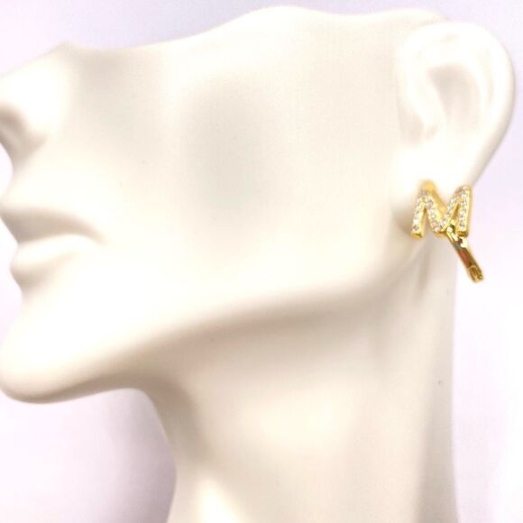 Gold Initial M Oval Hoop Earrings - Picture 3 of 4